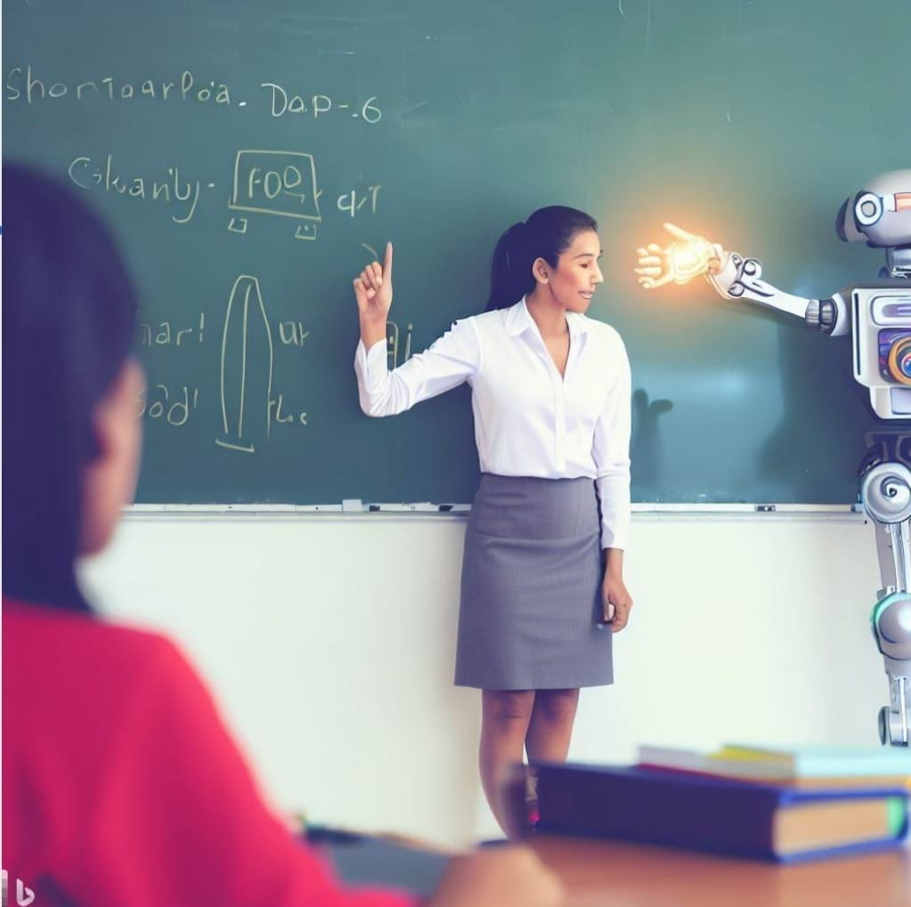 AI generated image of teacher at chalkboard with robot beside her.